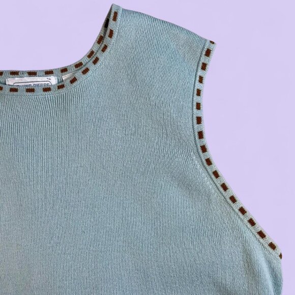 Jeanne Pierre Baby Blue Sleeveless Knit Sweater M | Brown Polka Dot Trim - Picture 2 of 6